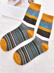 5 pares de Calcetines de tubo de hombre de talla grande de color clásico con rayas gruesas para primavera / invierno