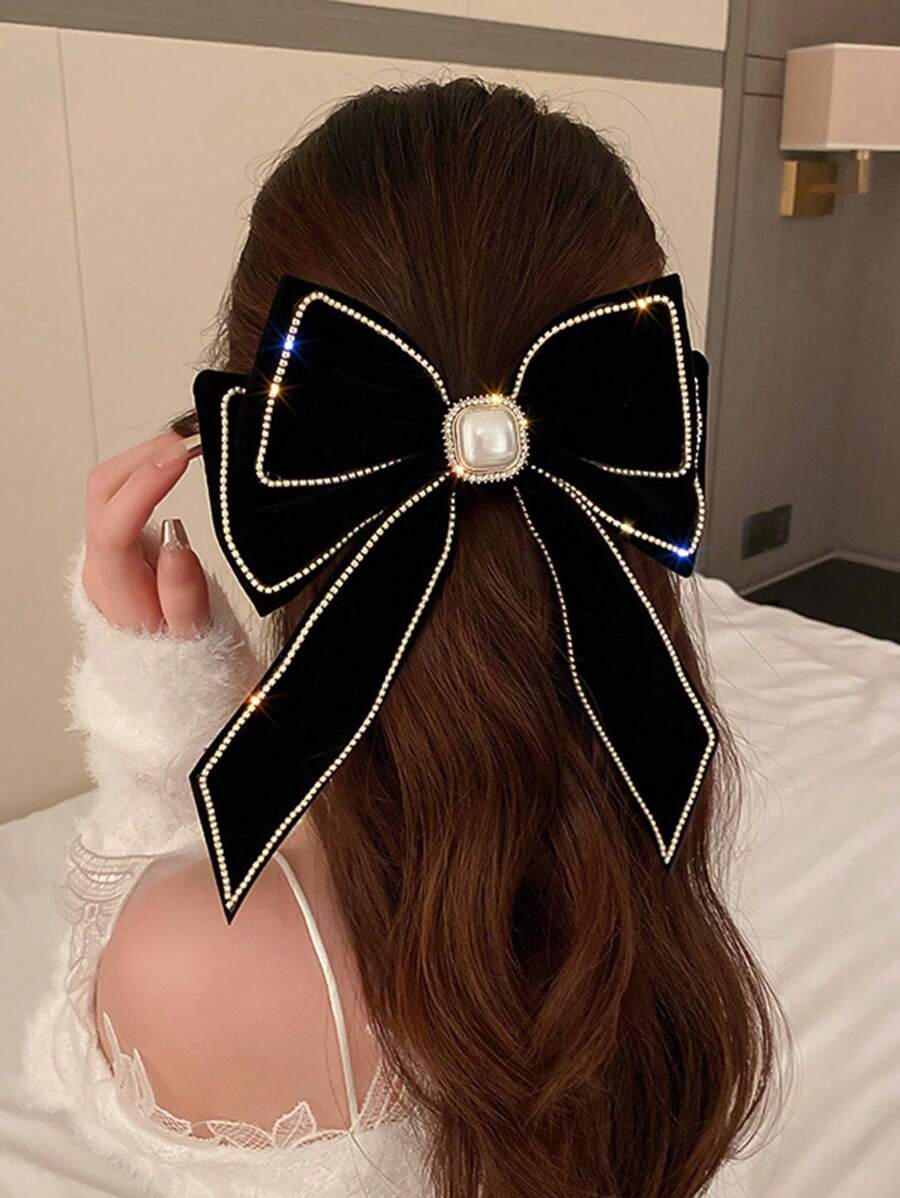 1pc Ribbon Bow Hair Clip With Faux Pearl & Rhinestone Embellishments Valentine's Day Valentines Claw Clips Hair Claws Hair Barrettes, Winter Outfit For Women, Bows, Cute, Head Accessories, Hair Accessories For Women, Hairpin - Black - View 1