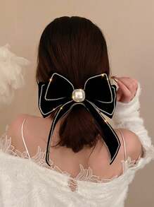 1pc Ribbon Bow Hair Clip With Faux Pearl & Rhinestone Embellishments Valentine's Day Valentines Claw Clips Hair Claws Hair Barrettes, Winter Outfit For Women, Bows, Cute, Head Accessories, Hair Accessories For Women, Hairpin - Black - View 3