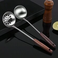 1入不鏽鋼火鍋漏勺，延長木柄湯勺/漏勺，特別小汤匙，廚房餐具小工具 - 銀色 - 查看 4