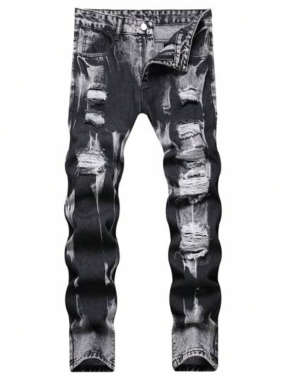 Vaqueros slim de pierna recta con parches desgastados, estilo europeo y estadounidense para hombres