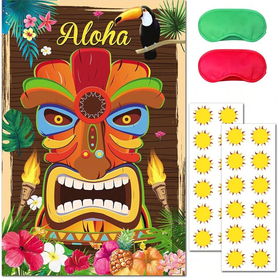 Suministros para fiesta de verano en Hawái, Juego "Pin the Sun on the Tiki", Juegos de fiesta hawaiana, Póster grande con 24 pegatinas de sol para juego de playa en fiesta hawaiana. - Multicolor - Ver 1