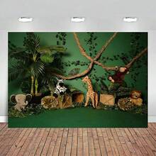 森林動物長頸鹿斑馬氣球背景，兒童肖像新生兒兒童生日背景牆裝飾攝影道具 - 綠色 - 查看 1