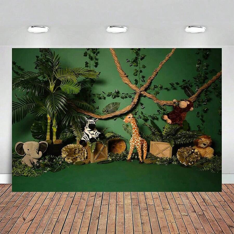 森林動物長頸鹿斑馬氣球背景，兒童肖像新生兒兒童生日背景牆裝飾攝影道具 - 綠色 - 查看 1