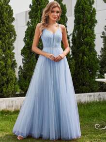 Spaghetti Strap Pearl Beaded Mesh Contrast Wedding Dress Blue Prom Dresses,Bride - Blue - View 2
