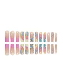 48 stks/set Kleurrijke Bloem & Strass Volledige Dekking Vierkante Kunstnagels & Teennagels, Met Gel En Nagelvijl, Voor Alle Vrouwen Druk Op Nagels Nagelbenodigdheden