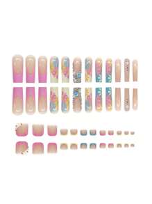 48 stks/set Kleurrijke Bloem & Strass Volledige Dekking Vierkante Kunstnagels & Teennagels, Met Gel En Nagelvijl, Voor Alle Vrouwen Druk Op Nagels Nagelbenodigdheden