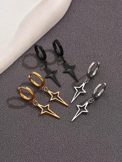 1pair Stainless Steel Hollow Out Square Star Earrings For Men And Women, Simple & Cool Style