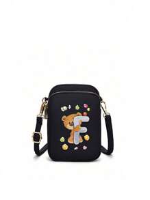 1入款式時尚簡約的斜跨式迷妹包，熊ko u木印花錢包，帶電話口袋，適用於休閒旅行、返校禮物