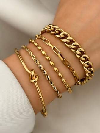 Aomogo Set de 5 pulseras de cadena de acero inoxidable chapado en oro para mujer, se pueden separar y usar individualmente, elegantes y de alta gama, adecuado como regalo para ella