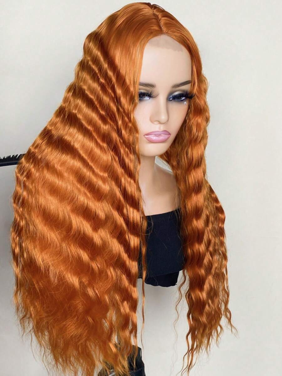 Peruca Encaracolada Sintética De 71 Cm De Comprimento Com Ondas Profundas, Peruca Sintética De Ondas Naturais Com Scalp Falso Na Cor Laranja Para Mulheres