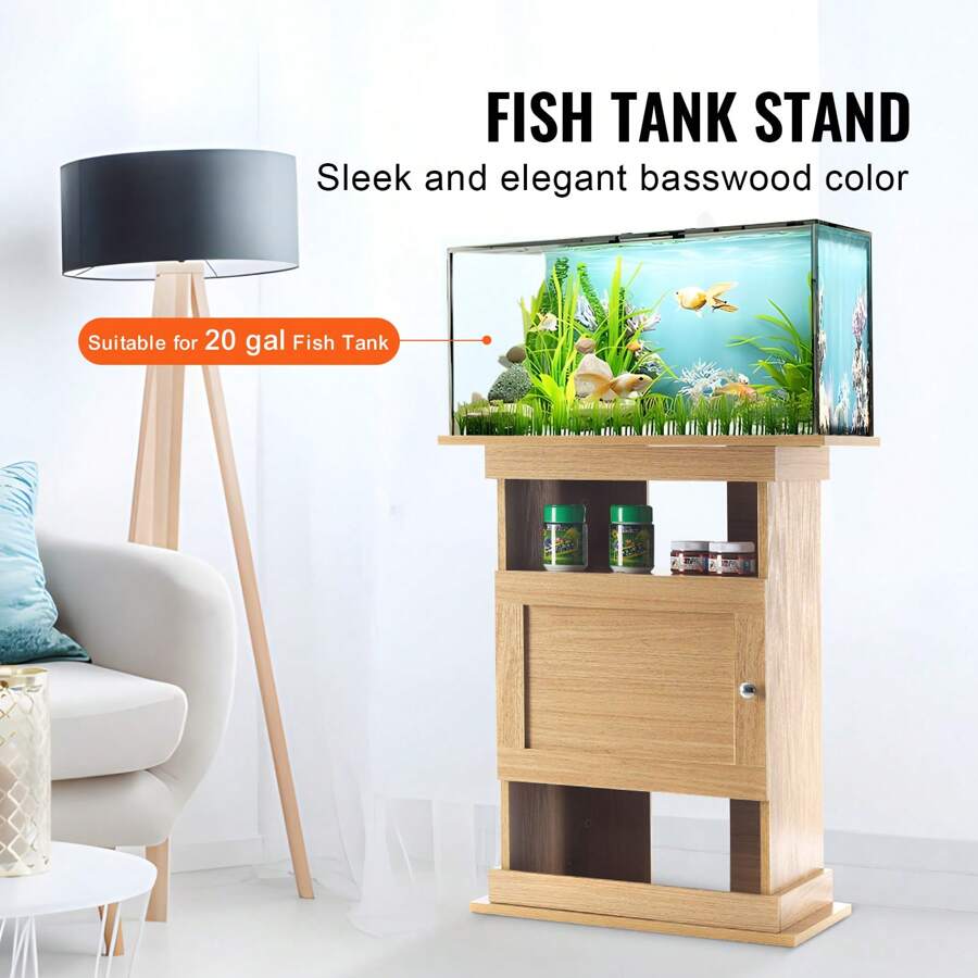 Aquarium Stand, 20 Gallon Fish Tank Stand, 25.2 X 15.7 X 28.3 In MDF Turtle Tank Stand, 167.6 Lbs Load Capacity, Reptile Tank Stand With Storage, Cabinet And Hardware Kit, Basswood Color - 薑色 - 查看 1