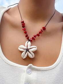 1入組海洋元素貝殻花可調節項鍊，綠松石假日風格項鍊，適合沙灘穿著 - 貝殼花項鍊 - 查看 3