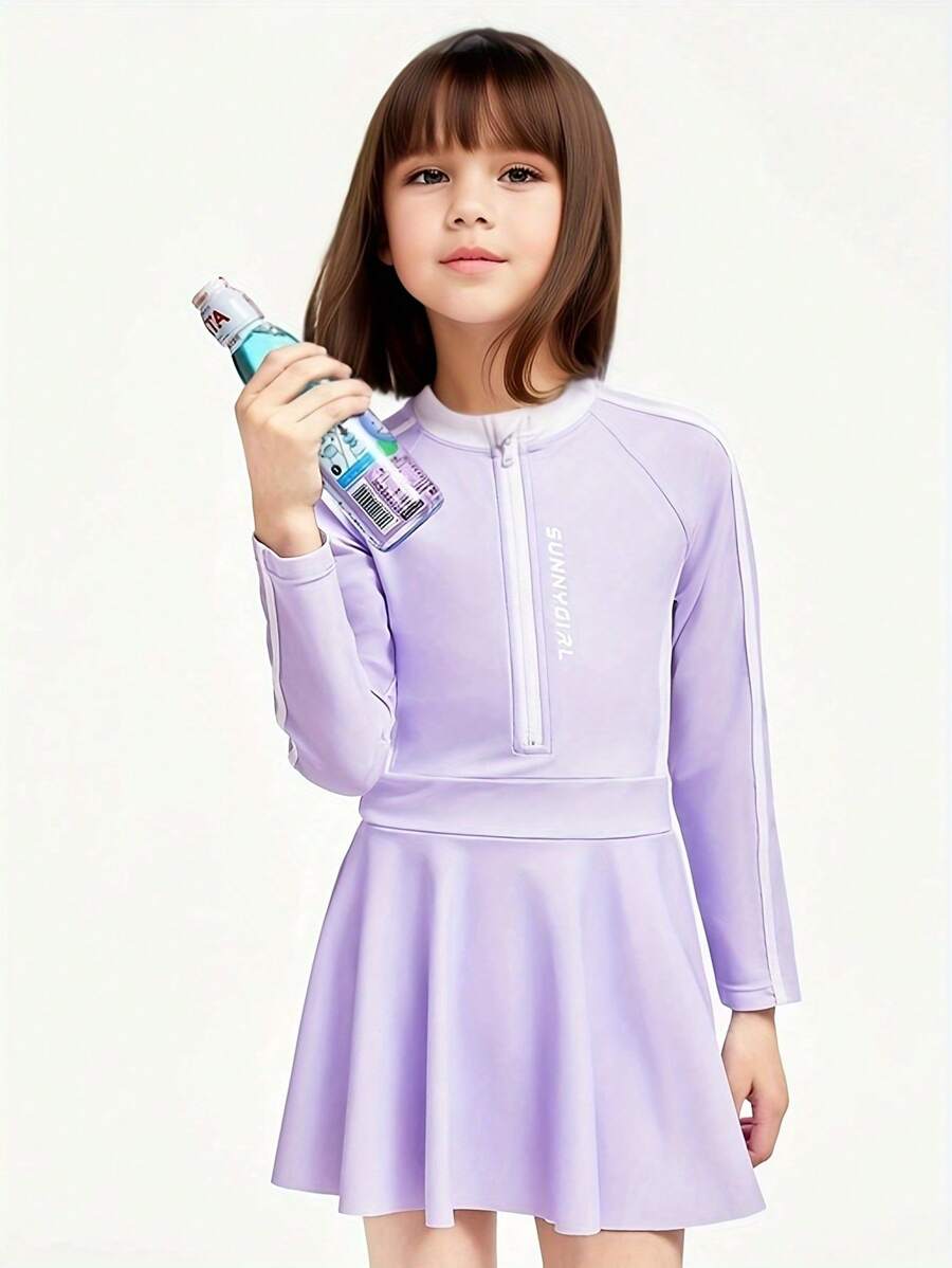 Annil Girls' One Piece Long Sleeved Swimming Dress And Swimming Hat Set, Summer Elastic, Conservative, Sweet And Comfortable - Purple - View 1