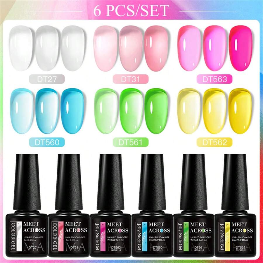 MEET ACROSS 6pcs Crystal Jelly Glass Gel Nail Polish Set, 7ml Semi-Transparent Candy Color Gel Nail Polish Set, Semi-Permanent Mixed Nail Polish, Glass Candy Series Jelly Gel Nail Polish, Removable UV/LED Nail Gel Manicure Set, Nail Art Supplies, Home Salon Gift, For Women - 彩色 - 查看 1