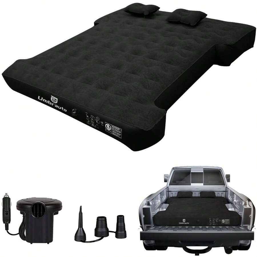Inflatable Truck Bed Air Mattress For 6'-6.5' Full Size Mid-Size Short Truck Bed Pickup Camping Air Mattress Blow Up Pick Up Truck Tent Air Bed For Outdoor Travel Camping With Pump And Carry Bag - 黑色 - 查看 1