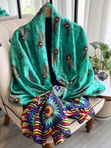 1pc Bohemian Style Feather-Printed Silk Scarf For Women, Beach Vacation Sunscreen Shawl, Fashionable Shawl