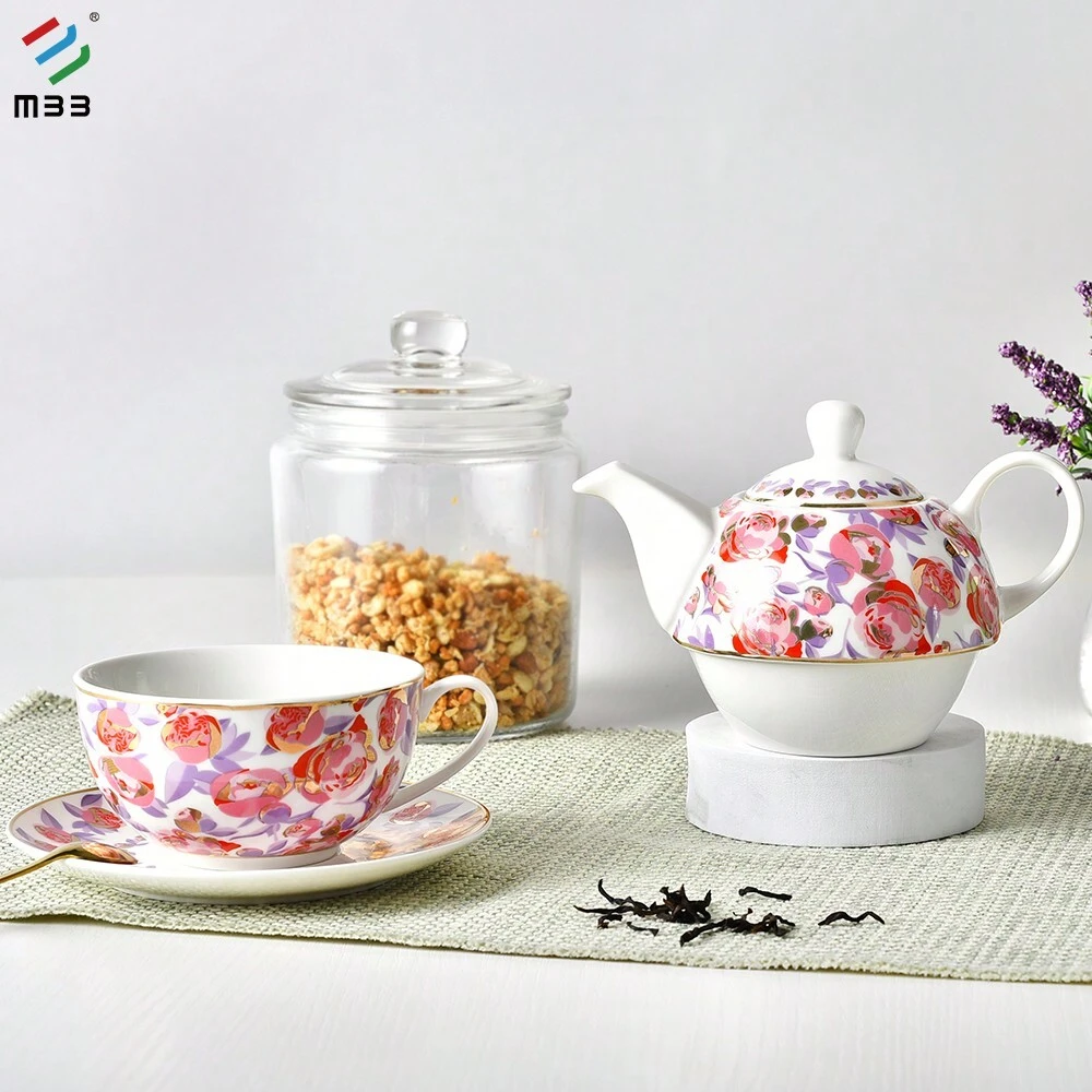 Ceramic Teapot Single Set Of 3, Including Teapot, Teacup And Saucer