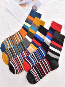 5 pares de Calcetines de tubo de hombre de talla grande de color clásico con rayas gruesas para primavera / invierno
