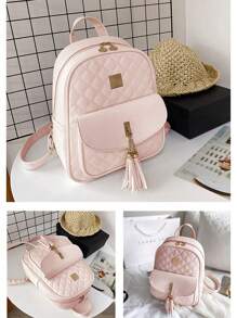 3 piezas Bolso de Mujer con Estampado Cuadrado de Diamante, Mochila de PU para Mujer, Mochilas Aesthetic con Correa Ajustable para el Hombro, Mochilas de Moda para Mujer, Impermeable Mochilas Bonitas - Rosa - Ver 10