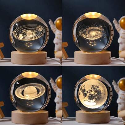 1pc 3D Universe Style Crystal Ball Night Light With 4 Patterned Optional Designs,The Perfect Gift To Give,USB Powered Wooden Base, Suitable For Holiday Decoration, Display Cabinets, Study Desks