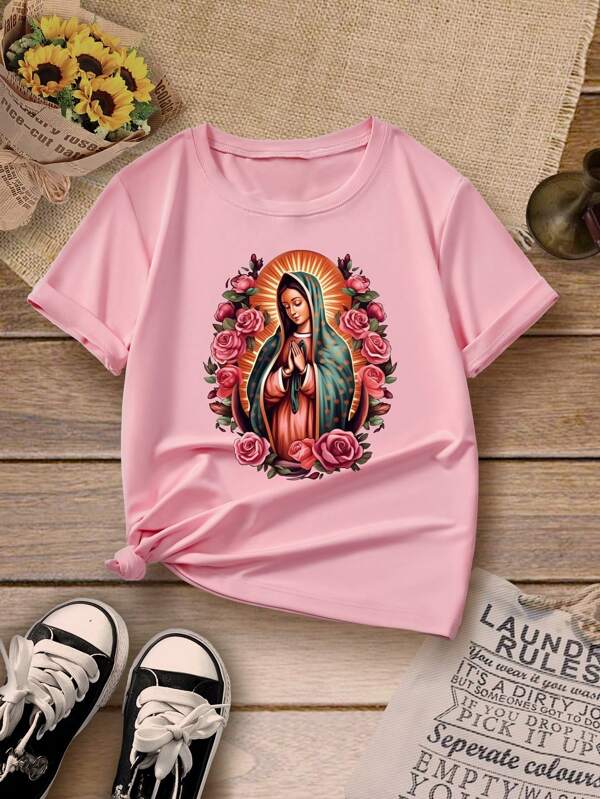 Virgin Mary Print Round Neck T-Shirt, Casual Children Clothing