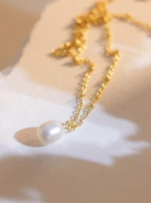 1 件法式复古优雅仿珍珠吊坠项链，女士，镀黄铜贵金属链项链，教师节礼物（珍珠为天然淡水珍珠，每颗都有不同的纹理和形状） - 復古百搭項鍊 - 查看 11