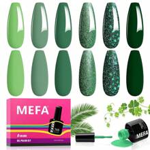 MEFA Green Gel Nail Polish, 6 Colors Green Glitter Nail Polish Gel Dark Avocado Sage Green Evergreen Sparkle Gel Polish Set Soak Off Nail Art DIY Salon Manicure Nail Art Holiday Gifts For Women - màu xanh lá - Xem 1