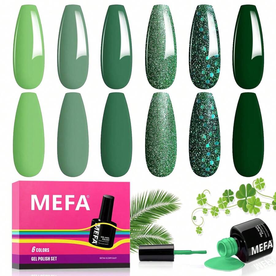 MEFA Green Gel Nail Polish, 6 Colors Green Glitter Nail Polish Gel Dark Avocado Sage Green Evergreen Sparkle Gel Polish Set Soak Off Nail Art DIY Salon Manicure Nail Art Holiday Gifts For Women - màu xanh lá - Xem 1