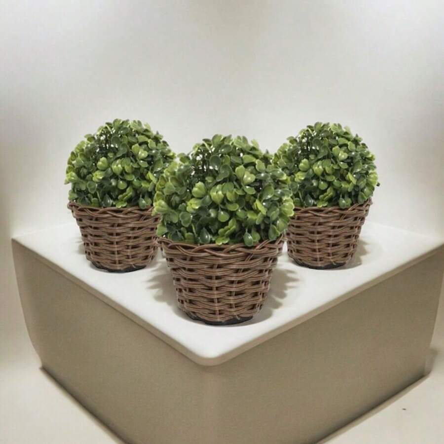 Arranjo Buxinho 13cm Completo Buchinho + Vaso Trançado Marrom Arranjinho Decorativo