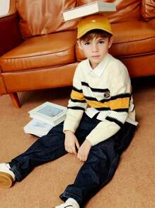 Annil 兒童服裝，男孩毛衣，條紋冬季服裝，休閒時尚大學風，長袖保暖針織衫