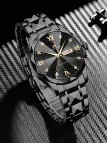 VA VA VOOM 男士时尚奢华风水水钻石英表，带双日历机芯，不锈钢和金色铆钉设计，蓝色表盘和夜灯，休闲和商务风格，可作为返校学生的礼物