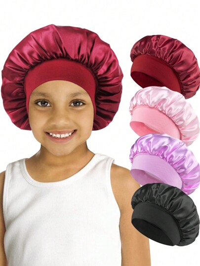 Awegeo Kids' Plain Bonnet, Wide Brim Elastic Silky Smooth Spandex Fashion Sleeping Cap, Casual Comfortable Soft Breathable Hair Care Hat