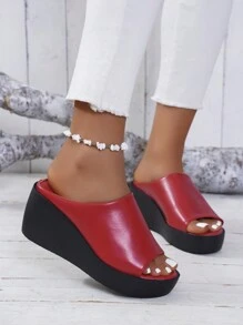 Women's Dual-Color Peep-Toe Platform Slide Sandals, Fashion Summer White & Black Leather Wedge Thick Bottom Slippers (Please Order One Size Up)