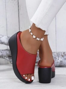 Women's Dual-Color Peep-Toe Platform Slide Sandals, Fashion Summer White & Black Leather Wedge Thick Bottom Slippers (Please Order One Size Up)