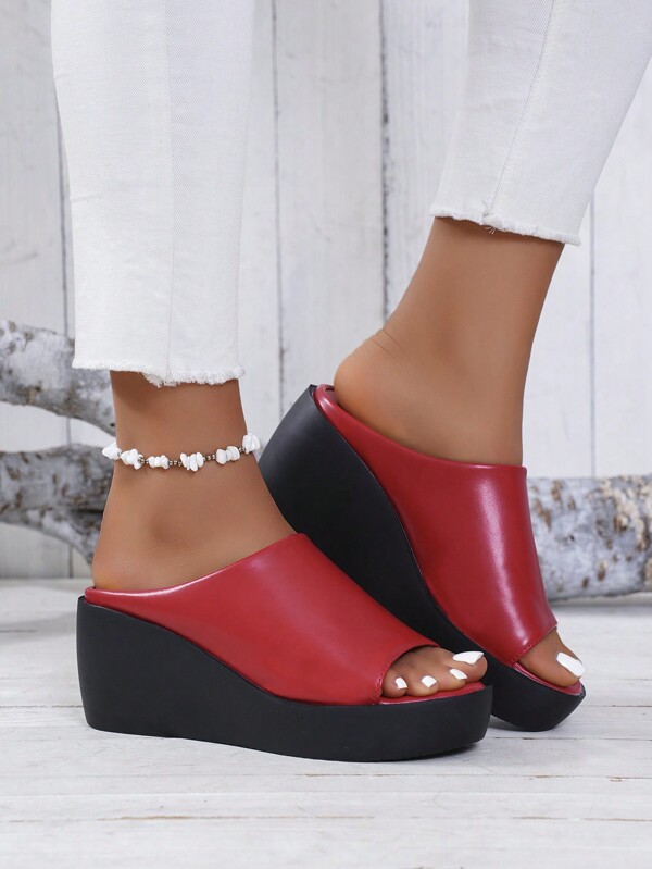 Women's Two-Tone Peep-Toe Wedge Bottom Slide Sandals, Fashionable Summer White Black Leather Platform Wedge Heels (Size Runs Small)