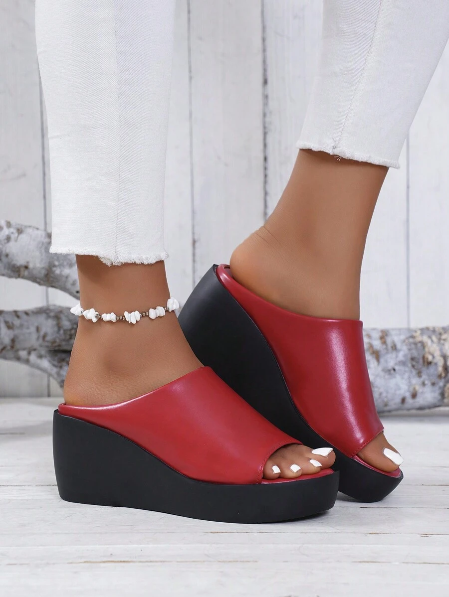 Women's Dual-Color Peep-Toe Platform Slide Sandals, Fashion Summer White & Black Leather Wedge Thick Bottom Slippers (Please Order One Size Up)