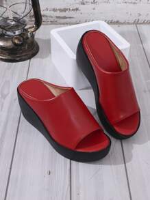 Women's Dual-Color Peep-Toe Platform Slide Sandals, Fashion Summer White & Black Leather Wedge Thick Bottom Slippers (Please Order One Size Up)