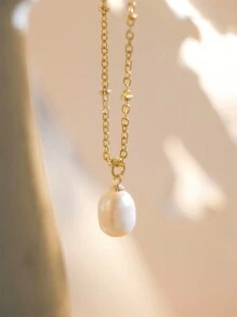 1 件法式复古优雅仿珍珠吊坠项链，女士，镀黄铜贵金属链项链，教师节礼物（珍珠为天然淡水珍珠，每颗都有不同的纹理和形状） - 復古百搭項鍊 - 查看 8