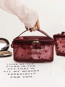 1pc Heart Pattern Makeup Bag L/S Size Mesh Fabric Love Embroidered And Lace Trimmed Cosmetic Bag With Ruffle Edge And Handle Makeup Bag Storage Makeup Organizer Makeup Case Frill Pattern Cosmetic Bag Embroidery And Lace Detail, Charming Handheld Cosmetic Pouch For Wedding Gift, Gift, Friend Gift, Bridesmaid Gift, Her, Birthday Gift Makeup Bags Make Up Organizer Makeup Storage
