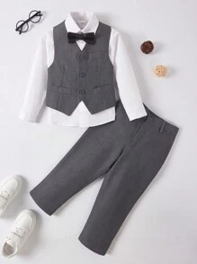 男童四件套西装，幼儿燕尾服正装，婚礼花童礼服，包括背心、裤子、衬衫、领带，灰色，尺码 3-10 岁 - 灰色 - 查看 4