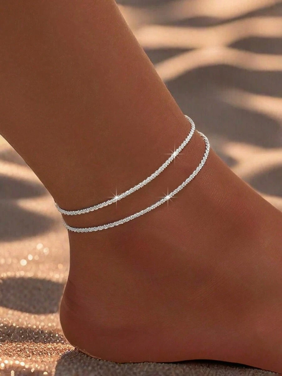 1個簡單迷人的閃閃發亮素食主義者連鎖雙腿鏈，適合女性時尚閃耀的海灘度假旅行飾品情侶腳鐐鏈 - 兩條 - 查看 1