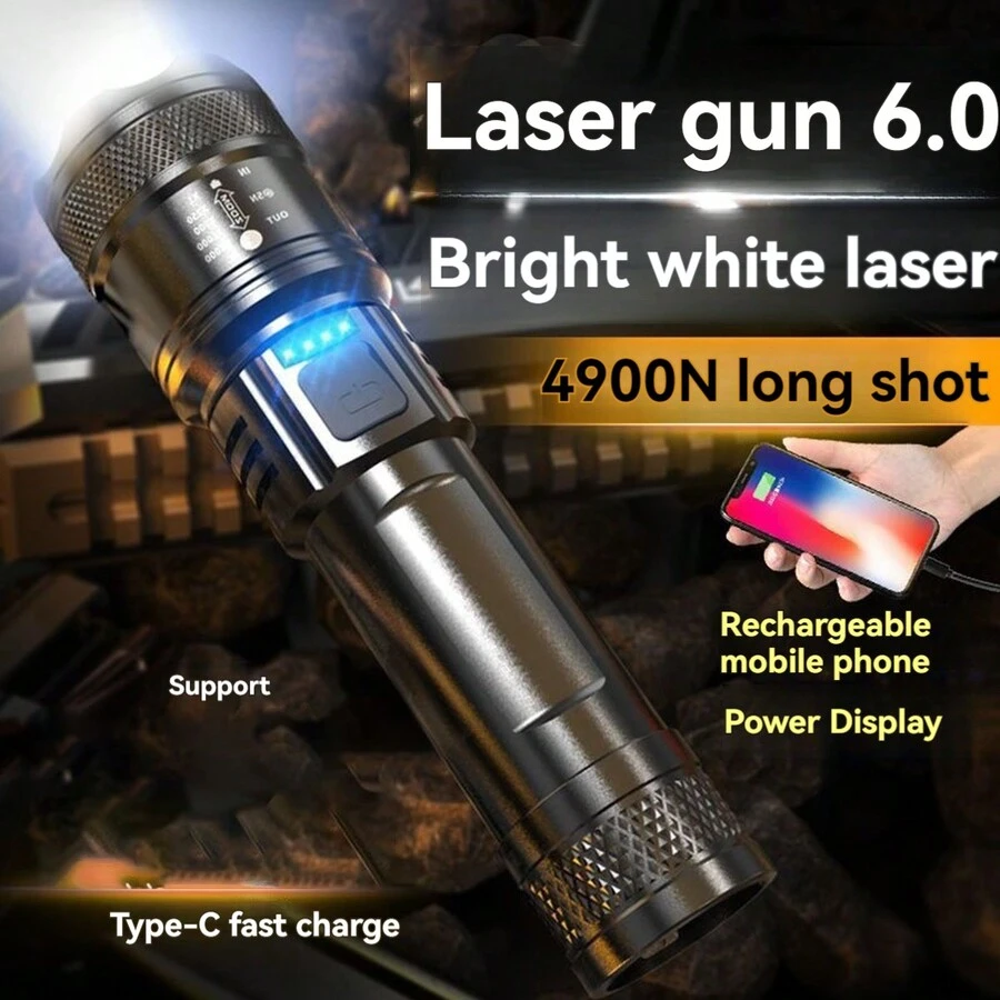 USB可充電激光手電筒，高亮室外LED手電筒，可聚焦照明，適用於緊急情況 - 黑色 - 查看 1