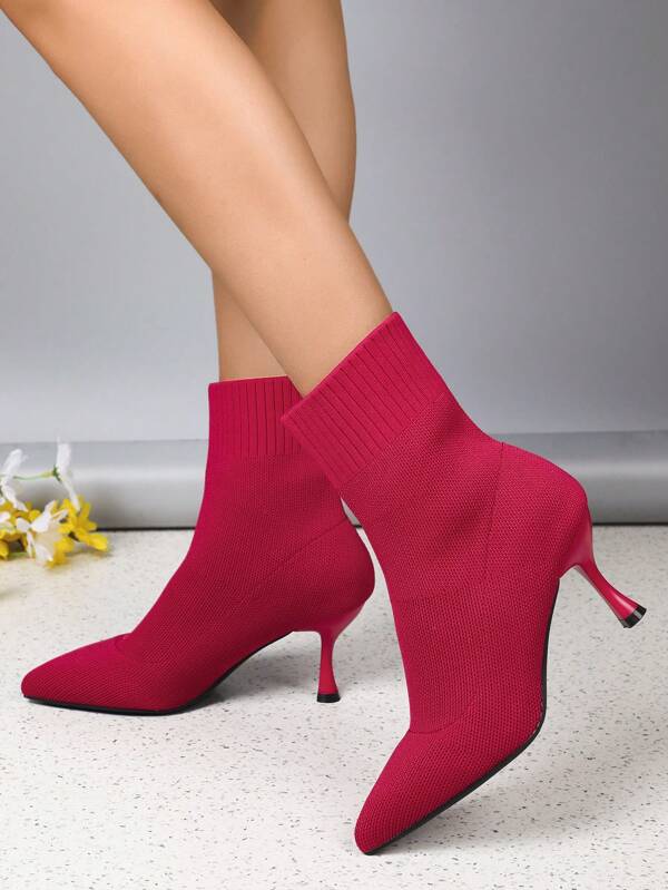 Pointed Toe Knitted Ankle Boots For Women, Thin Heel, European And American Style, Slim Fit Short Boots, High Heel Boots, Autumn/Winter Boots, Net Celebrity New Style Low-Tube Elastic Slim Boots, Thin Heel British Style Fashion Short Boots