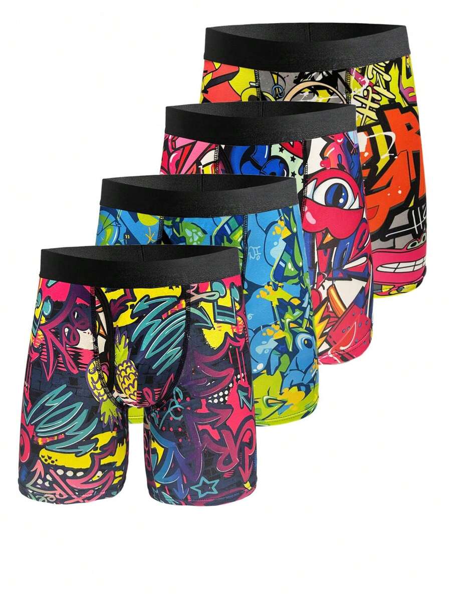 4 Quần Sịp Boxer Thể Thao Dài In Hình Nam, Quần Lót Thời Trang Thoáng Khí, Nhanh Khô, Mặc Ở Nhà - Nhiều màu - Xem 1