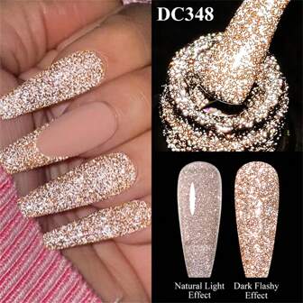 7ml reflektierender Glitzer Gummi Basis Gel Nagellack in Champagnerfarbe, Sommernägel, semi-permanenter Lack, Aufweichen Nagelkunst UV LED Gel Lack Maniküre Nagelbedarf, DIY Salon Zuhause Geschenk für Frauen