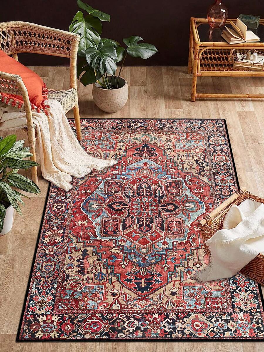 1 pieza Alfombra persa vintage, alfombra con patrón de medallón floral bohemio, alfombra oriental desgastada, alfombra rectangular de poliéster suave, adecuada para sala de estar, dormitorio, pasillo, cocina, oficina, decoración del hogar de estilo granja