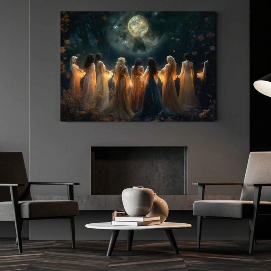 1入組無框大畫布海報- 充滿活力的奇幻藝術作品，女巫的月光場景，隨時可掛牆裝飾 - 完美的萬聖節風扇禮物，適用於臥室，辦公室，客廳，咖啡館，酒吧和宿舍裝飾 - 彩色 - 查看 1