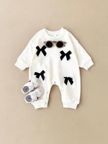 Newborn Baby Girl Cute Bow Solid Color Long Sleeve Romper, Spring & Autumn