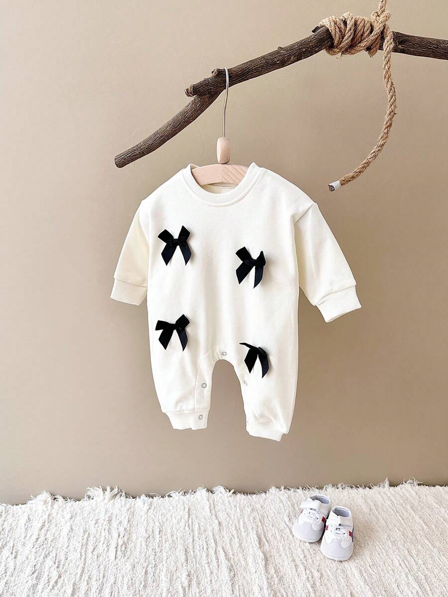 Newborn Baby Girl Cute Bow Solid Color Long Sleeve Romper, Spring & Autumn